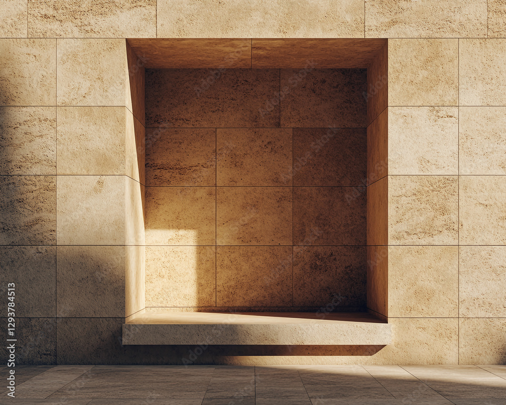 Poster empty architectural niche with beige stone wall tiles and soft lighting, showcasing minimalist desig