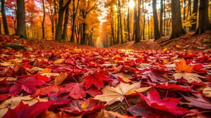 Rich red foliage carpeting forest floor with vibrant fall leaves scattered around, leaf, forest