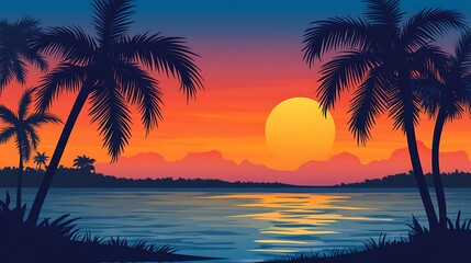 Tropical Sunset Silhouette Landscape