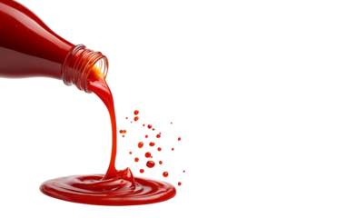 Tilted bottle pouring tomato sauce isolated on white background, red ketchup forming a puddle, drops, food, packaging, isolated on transparent background. high resolution PNG file