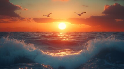 Fototapeta premium Sunset over the ocean features realistic soft waves and flying seagulls in warm golden light with orange, pink, and blue tones, captured in a wide shot from the shore with a serene coastal beach.