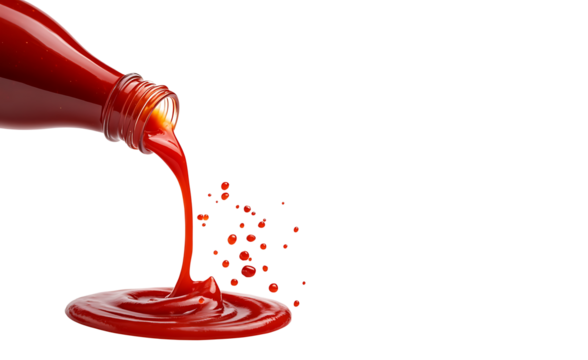 Tilted bottle pouring tomato sauce isolated on white background, red ketchup forming a puddle, drops, food, packaging, isolated on transparent background. high resolution PNG file - Powered by Adobe