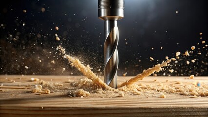 Naklejka premium Drill bit slowly penetrating a wooden plank, creating a precise hole in a slow motion sequence, precision, drilling