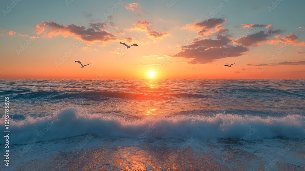 Wall mural sunset over the ocean features realistic soft waves and flying seagulls in warm golden light with or