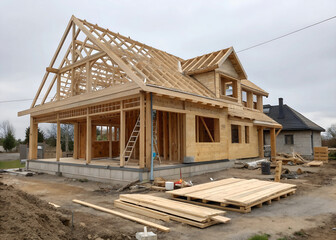 Wooden frame of a private house at the initial stage of construction.