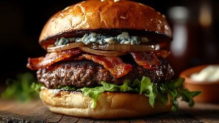 High-quality professional studio capture of a gourmet burger loaded with crispy bacon, tangy blue cheese crumbles, caramelized onions, fresh lettuce, smooth creamy aioli sauce,