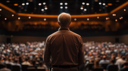 Successful entrepreneur giving a keynote speech at a conference, large audience engaged 