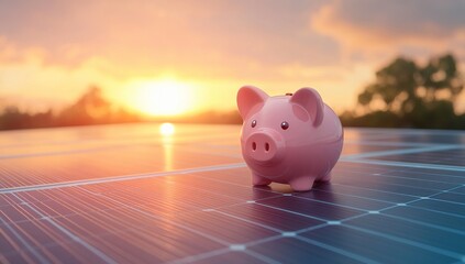 Pink Piggy Bank on Solar Panel at Sunset