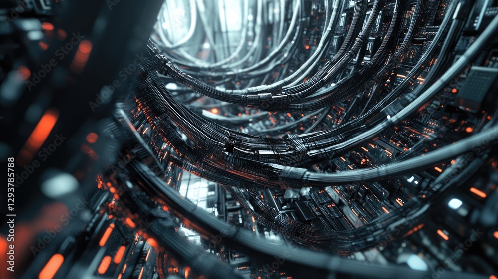 Leinwandbilder A maze of network cables tangled and leading to a managed switch in a modern data center, emphasizing the complexity of high-tech systems