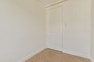 A simple indoor corner showcasing a white wall and a wooden floor, featuring a white door that adds a touch of elegance to the space.
