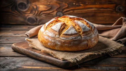 Selbstklebende Fototapeten Traditional homemade round bread on a wooden table with a rustic background , homemade, round,  homemade, round, bread, bakery, wood © Songkran