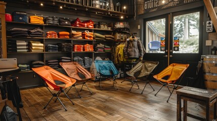 A cozy shop displays vibrant folding chairs arranged in a semi circle, with outdoor equipment neatly organized on shelves. The atmosphere feels welcoming and inviting.