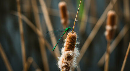 "A detailed image of a dragonfly resting on a cattail in a marsh."