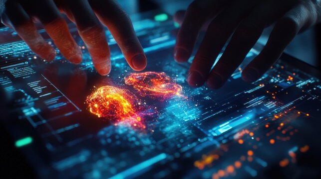 Close up of hands manipulating a holographic brain interface on a transparent digital display, showcasing advancements in artificial intelligence, neural networks, and human computer interaction