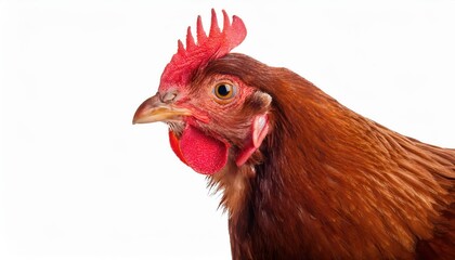 Vibrant Red Hen in Countryside Majestic Adulthood, Poultry Perched against the Rustic Backdrop, Showcasing Rich Textures and Natural Warmth.