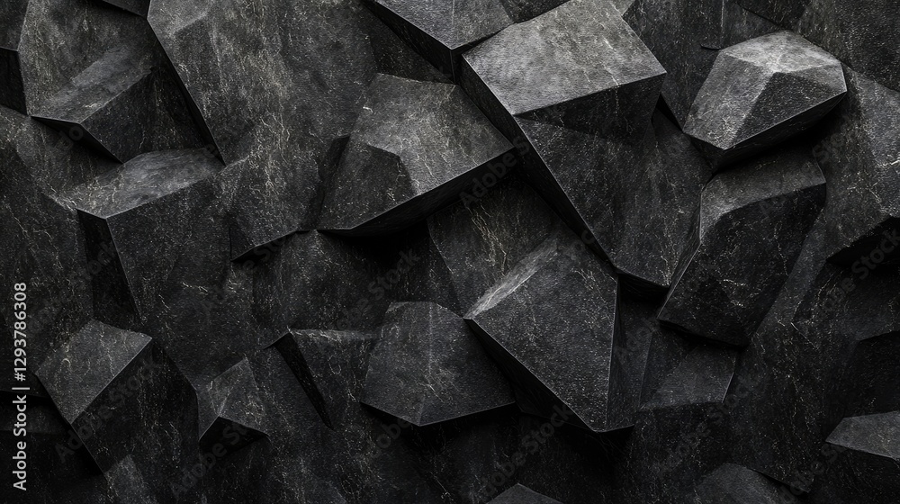 Poster A minimalist abstract composition of black geometric stone shapes, with lighting effects emphasizing textures and depth in the visual