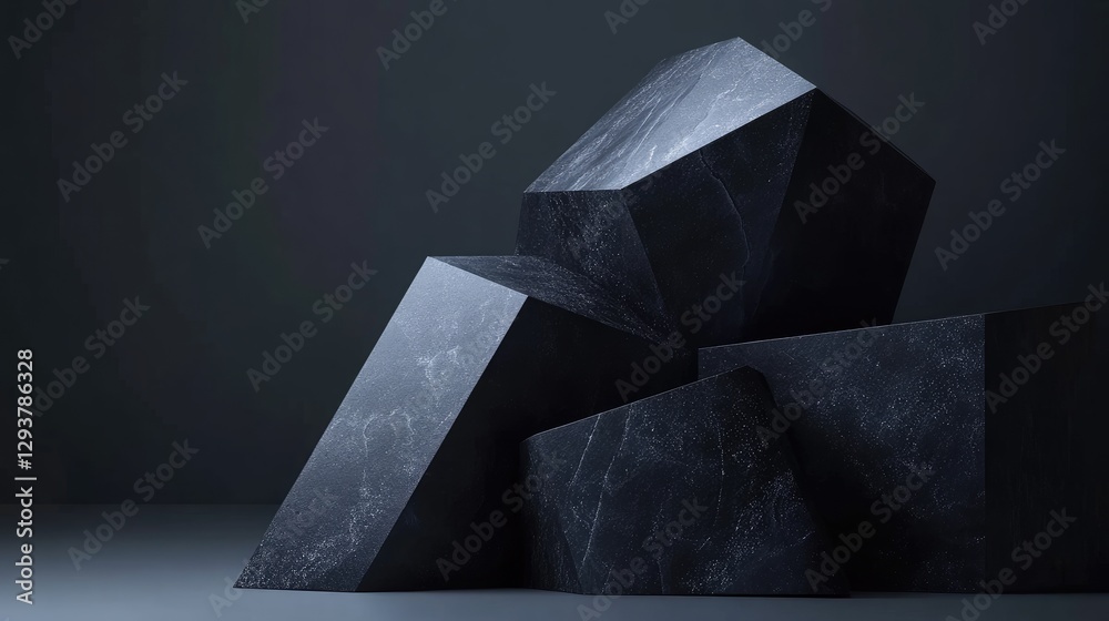 Poster a minimalist abstract composition of black geometric stone shapes, with lighting effects emphasizing