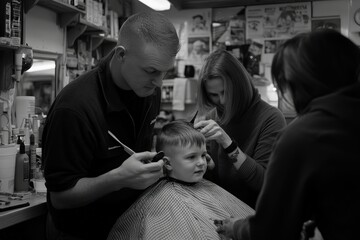 Fototapeta premium First Haircut Experience for a Young Boy With Family Support in a Cozy Barber Shop Setting