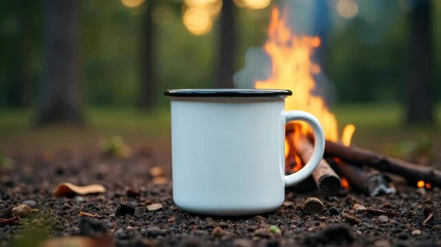 4k frame white camping mug on the background of a burning bonfire