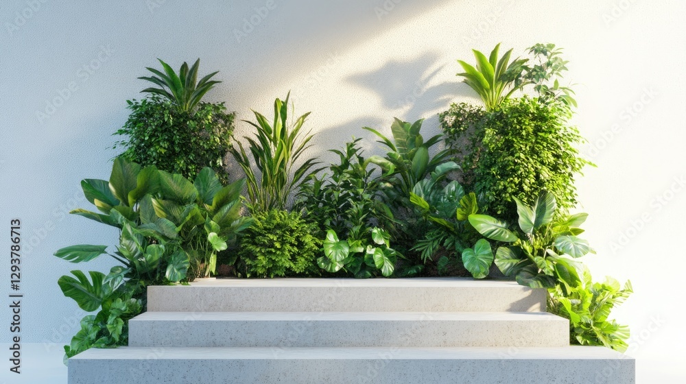 Poster a minimalist podium design with bold geometric shapes and lush green plants, creating a surreal summ