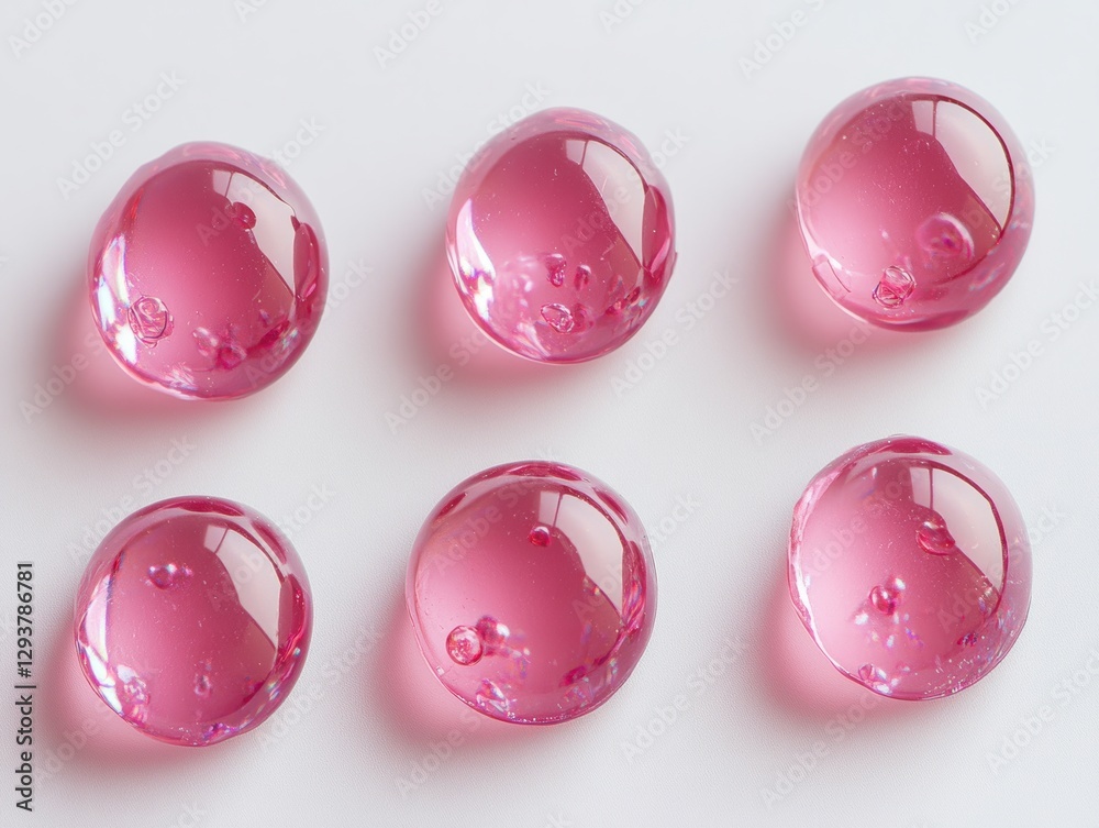 Poster six pink gel drops creating a pattern on white background