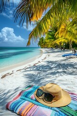 Obraz premium Tranquil Tropical Beach Scene with Palm Trees and Clear Ocean Water