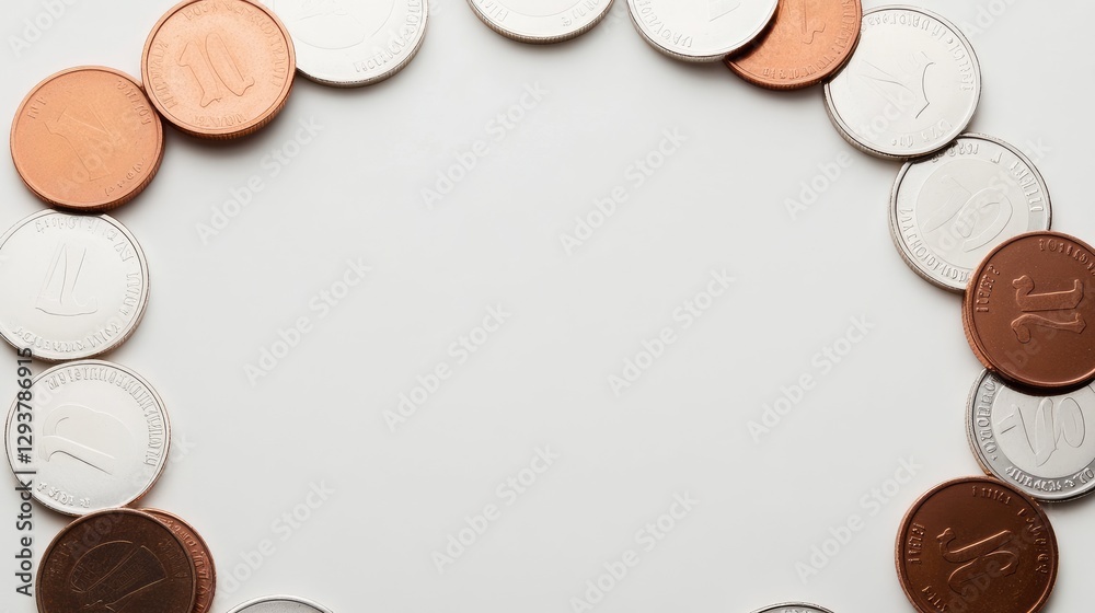 Poster A minimalist scene featuring coins arranged in a circular formation, providing clear space around them for adding graphics or text in a clean layout