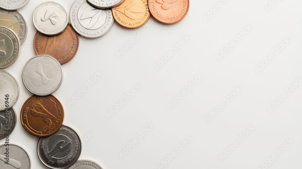 Poster A minimalist scene featuring coins arranged in a circular formation, providing clear space around them for adding graphics or text in a clean layout