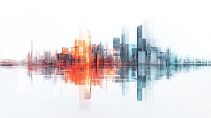 Abstract city skyline reflected on water, urban digital art, futuristic cityscape