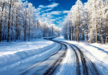 Snowy Winding Road Through a Snow Covered Forest on a Sunny Winter Day
