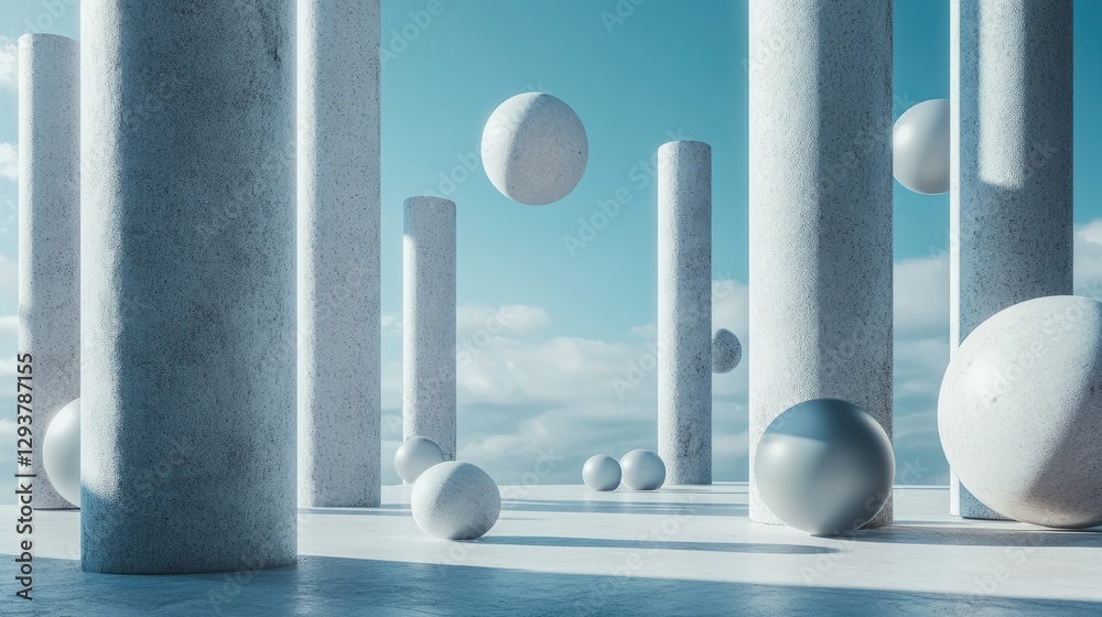 Poster a modern artistic scene featuring spheres and cylindrical shapes floating in a cool-toned setting, e
