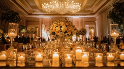 An elegant retirement party with beautifully decorated tables featuring candles and flowers