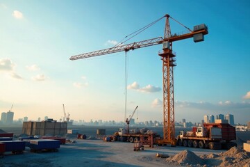 Obraz premium Tall construction crane lifts materials on site , transport, industry, construction equipment