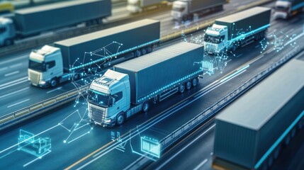 Obraz premium A modern logistics concept showcasing trucks moving along a connected network, representing innovation and efficiency in cargo transport through digital connections