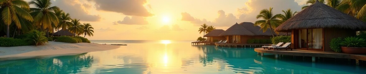 Tranquil lagoon, golden light bathes palm-lined villas,  peaceful,  water