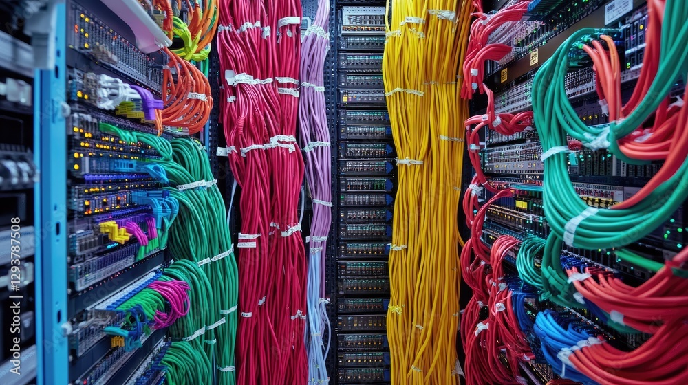 Aufkleber A modern server rack with neatly arranged, color-coded network cables connected to a switch panel, showcasing organized and efficient data management