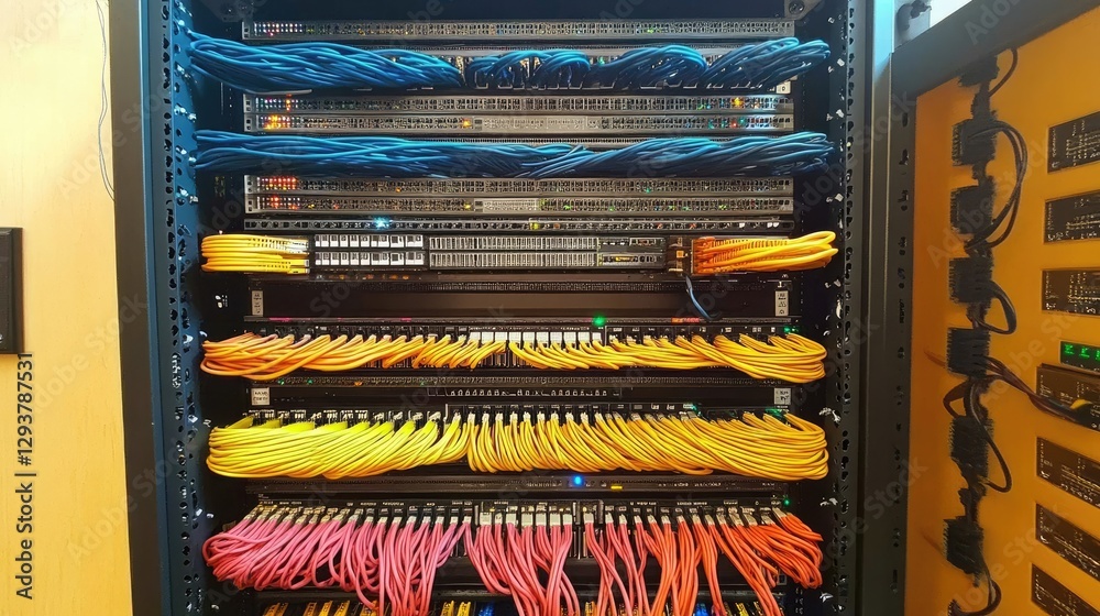 Poster A modern server rack with neatly arranged, color-coded network cables connected to a switch panel, showcasing organized and efficient data management
