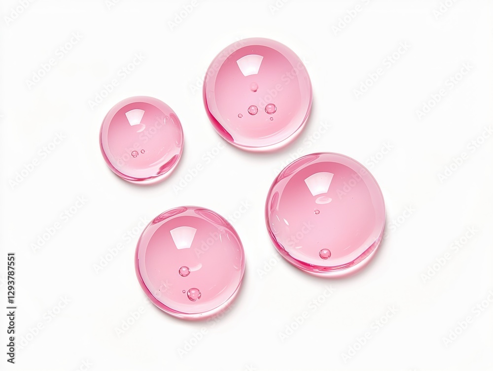Poster pink transparent gel drops on white background creating abstract pattern