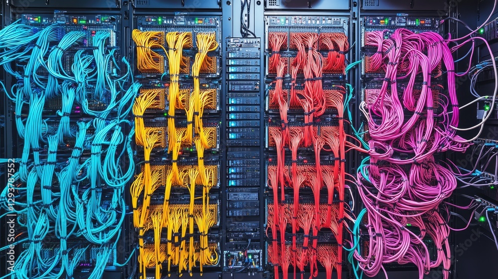 Aufkleber A modern server rack with neatly arranged, color-coded network cables connected to a switch panel, showcasing organized and efficient data management