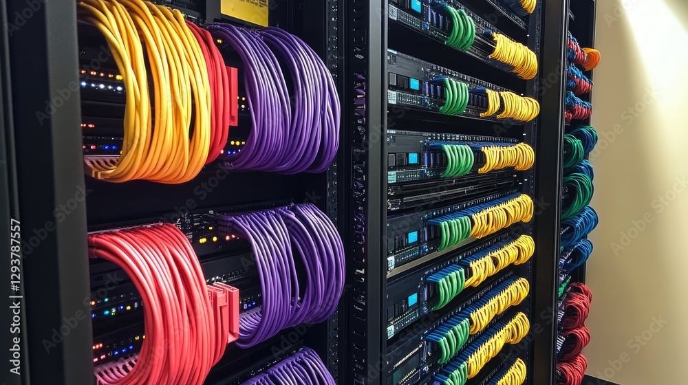 Poster A modern server rack with neatly arranged, color-coded network cables connected to a switch panel, showcasing organized and efficient data management