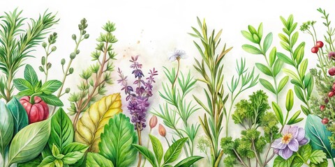 Obraz premium Watercolor background with a selection of culinary herbs and plants such as rosemary