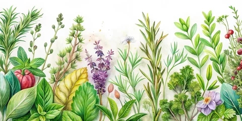 Keuken achterwand Jungle Watercolor background with a selection of culinary herbs and plants such as rosemary  © Songkran