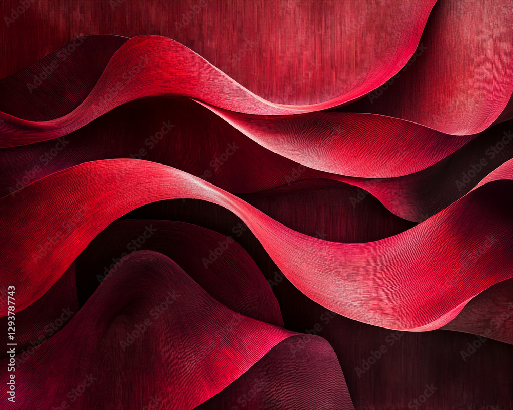 Poster close-up of flowing red abstract waves with smooth texture, symbolizing dynamic movement, elegance, 