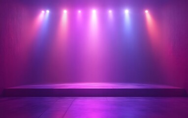 Illuminated stage, neon lights, smoky background, product display - obrazy, fototapety, plakaty