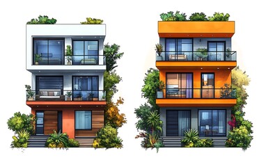 Fototapeta premium Modern Townhouses with Gardens - Front View for Illustration
