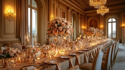 A lavishly decorated long dining table set for a formal event with floral centerpieces and elegant candle lights
