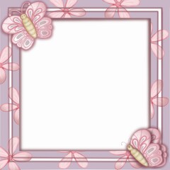 Paper cut style frame with pastel colored flowers and butterflies around the square hand drawn.