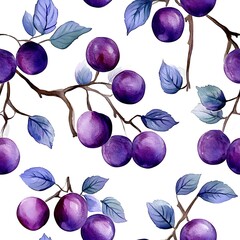 Vibrant watercolor painting of plums on branches with leaves art blue food ripe fruit green image