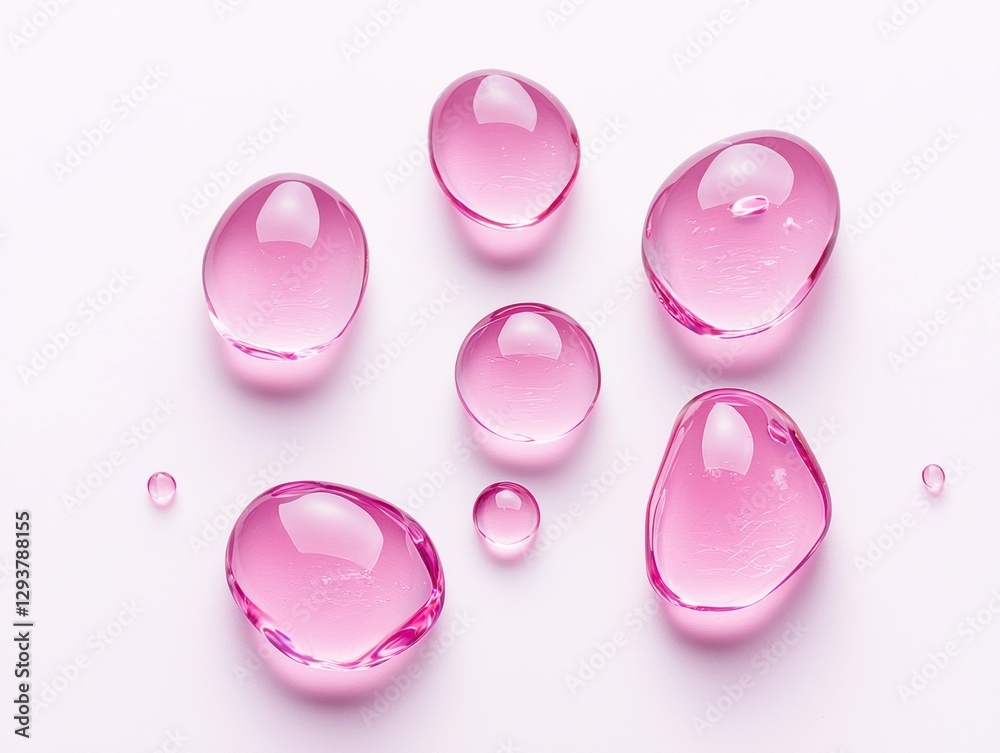 Poster Pink gel drops creating a refreshing pattern on white background