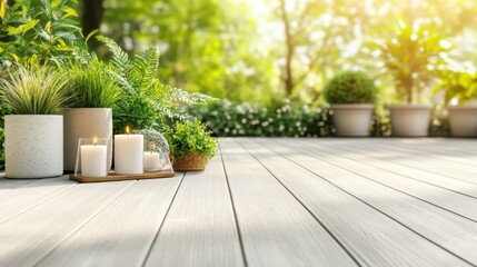 Fototapeta premium Serene Outdoor Space with Natural Elements, Candles, and Lush Greenery on a Wooden Deck Bathed in Soft Sunlight, Perfect for Relaxation and Tranquility